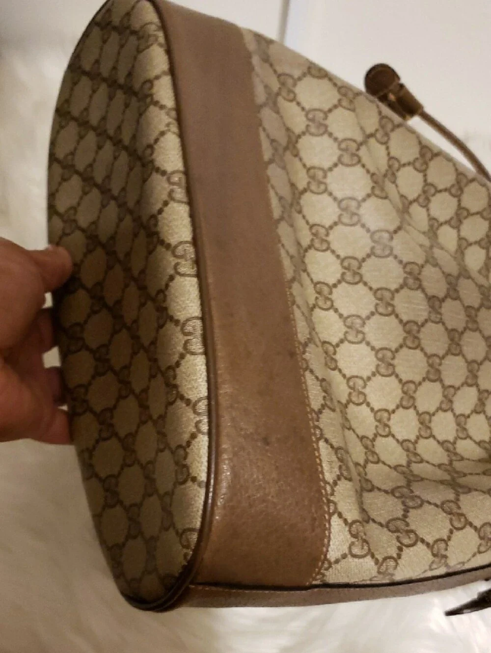 Gucci Beige Monogram Canvas Bucket Bag with Green-Red Stripe - Picture 12 of 16
